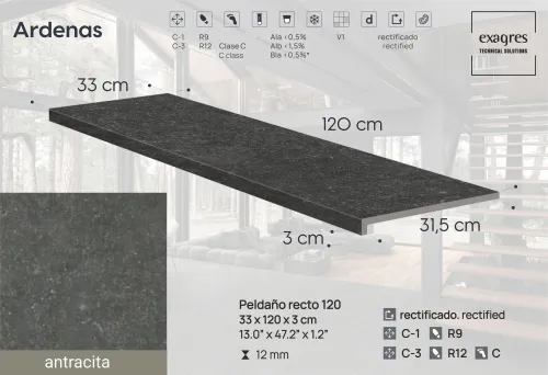 Ступень фронтальная Peldano Recto Ardenas Antracita R12 33х120х1.2 антислип 2шт/упак Exagres купить в Санкт-Петербурге