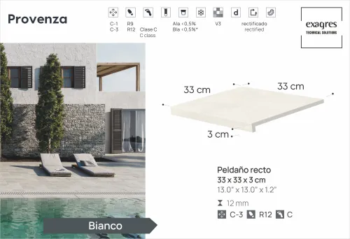 Ступень фронтальная Peldano Recto Provenza Bianco R12 33х33х1.2 антислип 4шт/упак Exagres купить в Санкт-Петербурге
