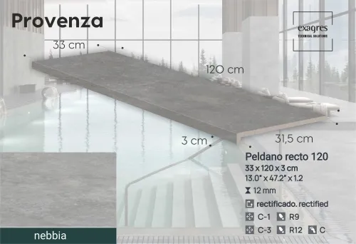 Ступень фронтальная Peldano Recto Provenza Nebbia R12 33х120х1.2 антислип 2шт/упак Exagres купить в Санкт-Петербурге