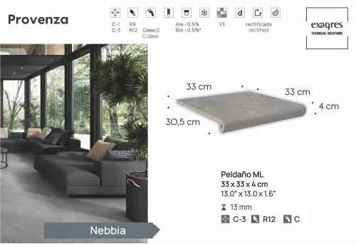 Ступень фронтальная Peldano Florentino Provenza Nebbia 33х33х1.3 антислип 4шт/упак Exagres купить в Санкт-Петербурге
