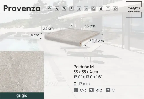 Ступень фронтальная Peldano Florentino Provenza Grigio 33х33х1.3 антислип 4шт/упак Exagres купить в Санкт-Петербурге