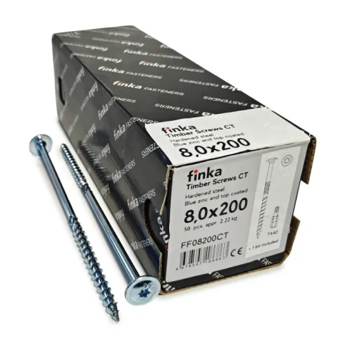 Упаковка шурупов конструкционных Finka Timber Screws CT 8.0x200TX40 голубой цинк, тарелка 50шт/уп купить в Санкт-Петербурге