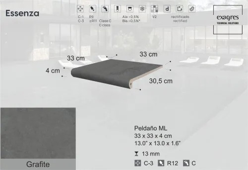Ступень фронтальная Peldano Florentino Essenza Grafite С3 33х33х1.3см антислип 4шт/уп Exagres купить в Санкт-Петербурге