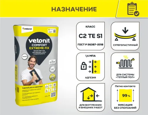 Клей-гель с увел. открытым временем д/мрамора/камня/керамогр С2ТЕS1 Vetonit comfort extreme fix 20кг купить в Санкт-Петербурге
